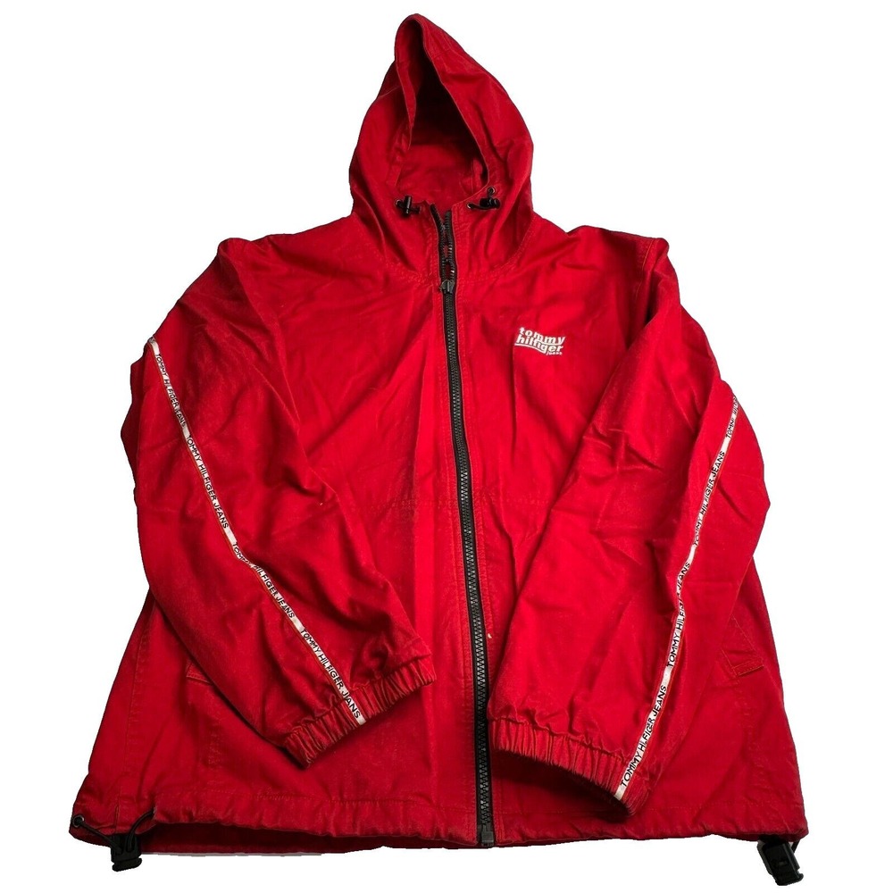 Tommy Hilfiger Jeans Mens Red Hooded Zip Up Canvas Jacket Size Large Logo Tape